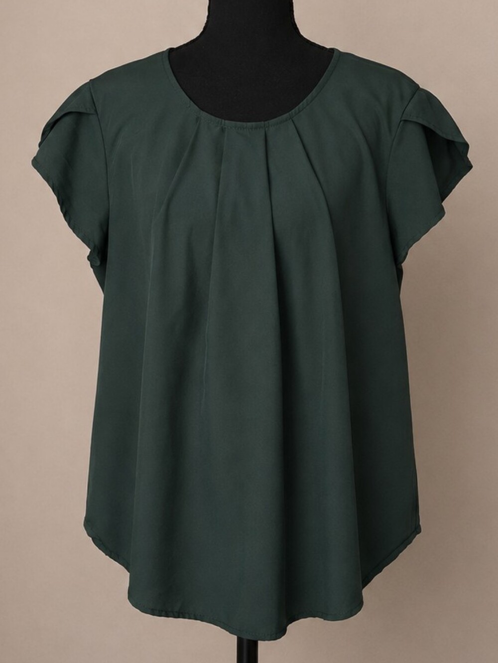 Women's Dark Green Pleated Short Sleeve Blouse